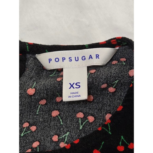 POPSUGAR Black Red Cherry Print Ruffle Hem Cap Sleeve Mini Dress XS /0382 - Picture 4 of 4